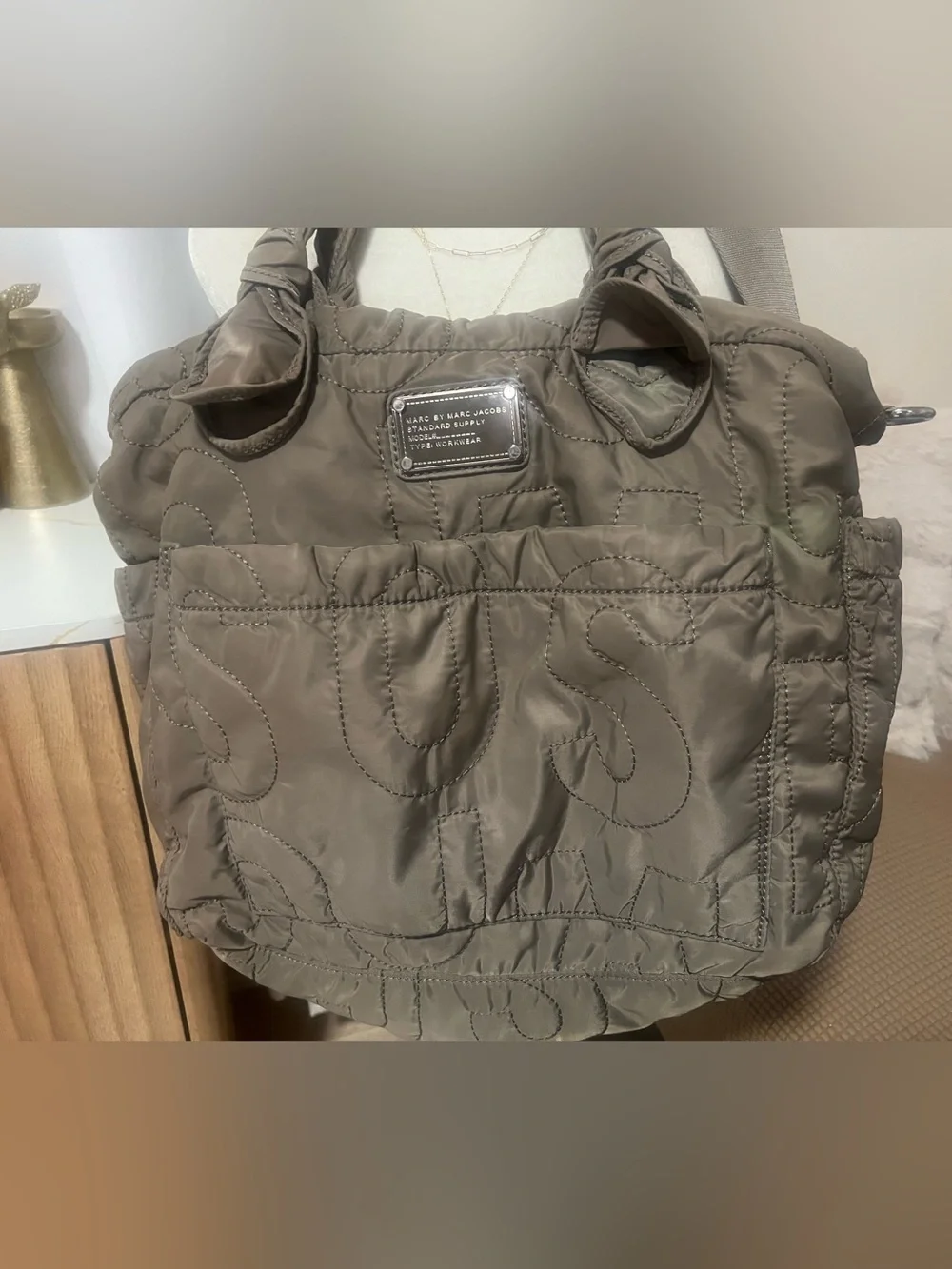 Marc Jacob’s Quilted Nylon Diaper Bag Tote Bag in Taupe color